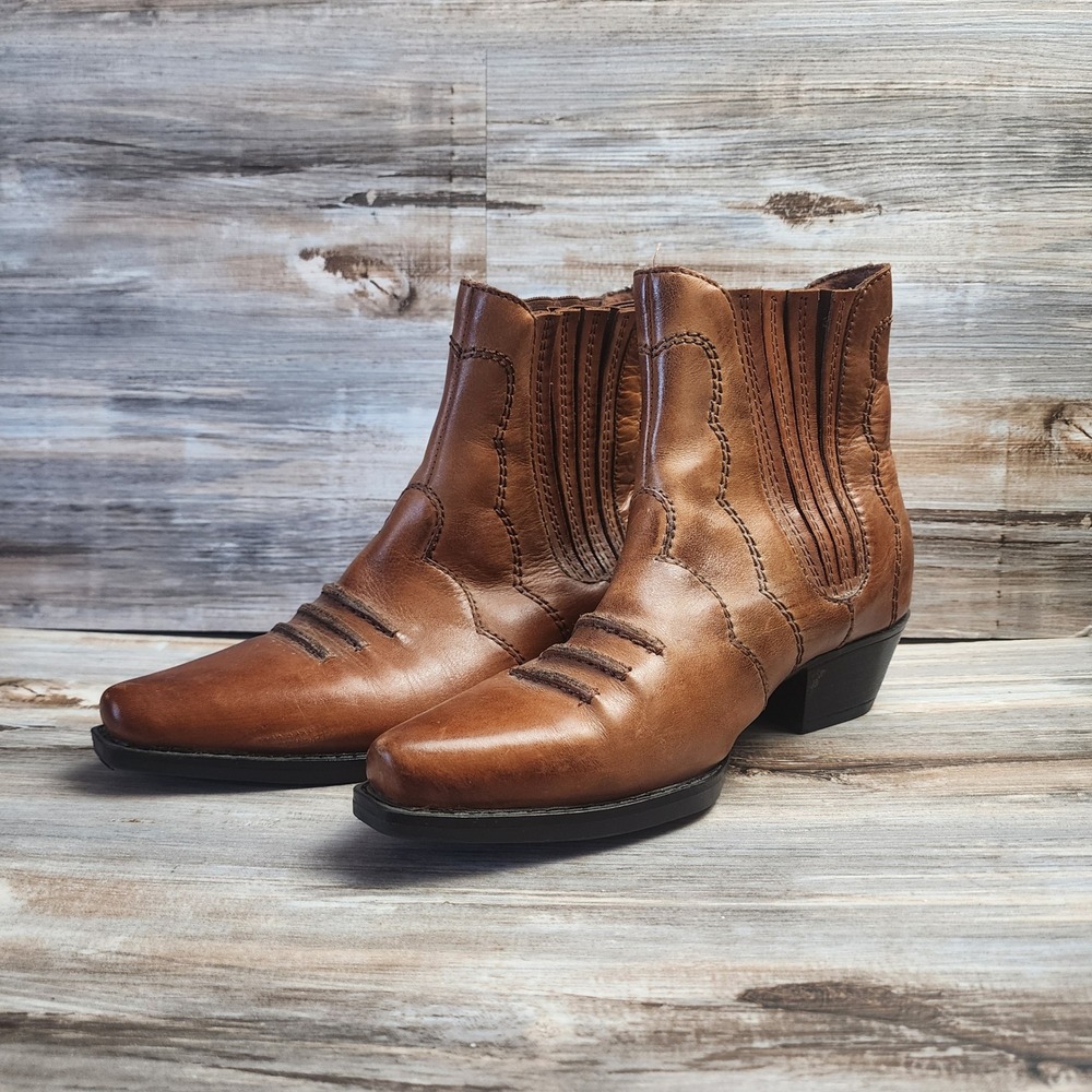 Earth Spirit Womens Tan Brown Leather Western Ankle Boots Pointed Toe Size 6.5
